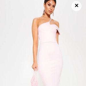 Baby Pink Ribbed Asymmetric Neck Midi Dress